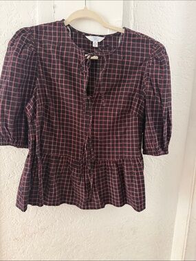 Time and Tru Black Blouse with Pink Grid Tie-Front Peplum
